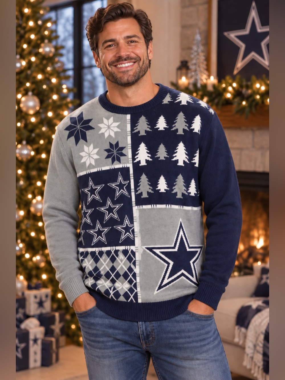 Dallas Cowboys NFL Ugly Christmas Sweater Men’s XL Navy Gray Holiday